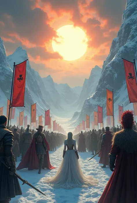 The King of the North, Daenerys Targaryen, the Mad Hatter and medieval warriors fighting in a snowy landscape and under the rising of an imposing sun, with banners reading SUN