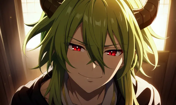 1boy, yellow and green long hair, hair between eyes, red eyes, dragon boy, CG, dragon horns, naughty smile