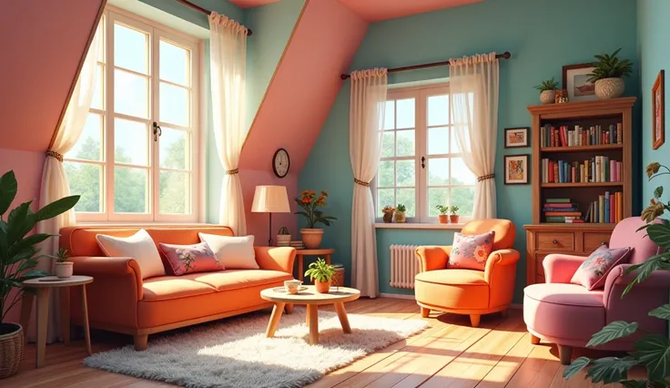 Imagine a bright and cozy attic with walls in pastel shades of pink and blue. Large windows that allow natural light to enter, decorated with light and flowery curtains. A seating area with a brightly coloured sofa and cushions of different shapes. Star-sh...