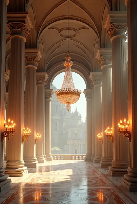 A large ballroom inside a castle, with large alabaster pillars on the sides, lighting with torches and lamps, the vaulted ceiling, with a chandelier hanging with a chain, on the floor a marble mosaic.