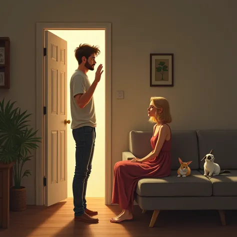 A young man with dark blond hair, with a thin beard waving goodbye from the door to a pretty blonde woman, with semi-long hair, sitting on a long sofa with two cats and a rabbit, Hyper realistic image 