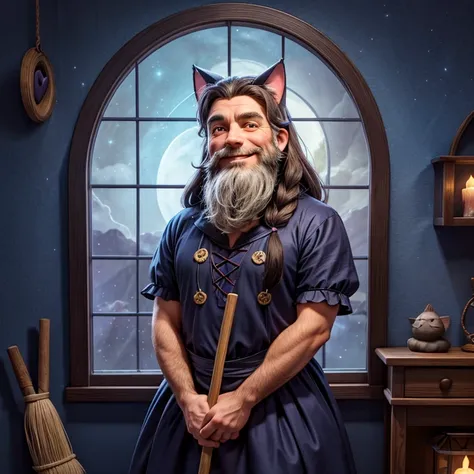 Night room, night sky through the window, bearded middle-aged man, smiling, summer witch frill dress costume, cat ears, long hair  ((Heart symbol)) Holding a long broom in his hand Short sleeves  