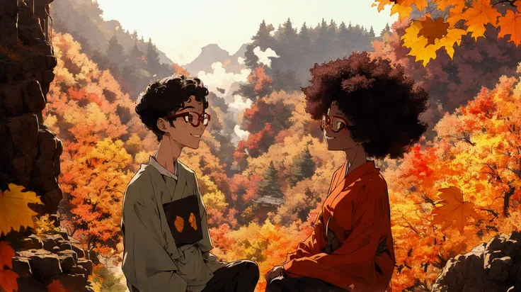 Busted up, a short Japanese nerd boy with glasses and an 1 afro, black bespectacled nerd woman, both looking at each other and smiling high up in the canyon overlooking the fall foliage.