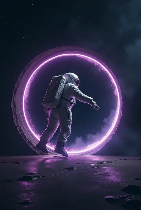 An astronaut is floating with his back to the ground in a weightless state, stretching his right hand out to a dimensional portal. The background is dark space, with only stars twinkling. In front of the astronaut, a circular purple-black dimensional porta...