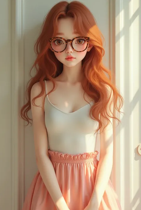 create a white skinned one, with glasses, wearing skirt, wavy hair, very sweet 