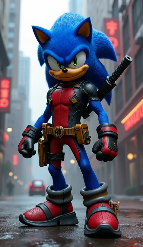 Sonic without mask in Deadpool clothes mode realistic