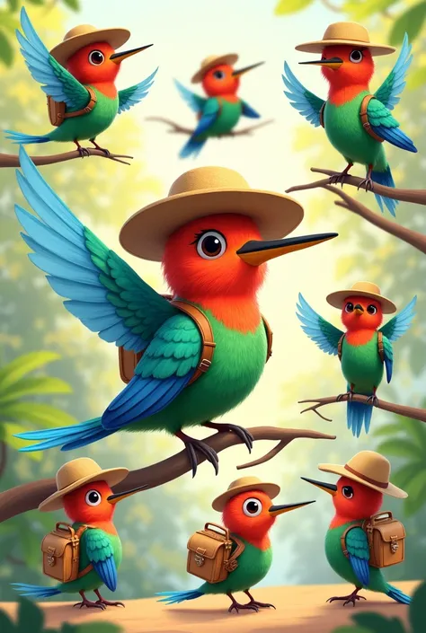 
Now I want the same hummingbird with different expressions, flying , happy, angry, surprised, worried, sad</input></xml>, quiet, Excited, 
name: Tino the CundiHummingbird is a colorful hummingbird with a backpack and a hat Appearance: A small and vibrant ...