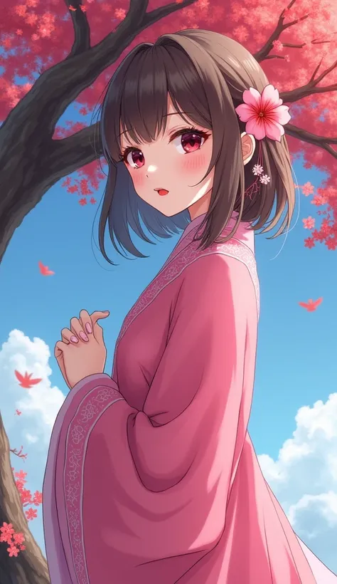 (masterpiece),(best quality:1.0), (ultra highres:1.0), detailed illustration, 8k, anime, 1girl, beautiful anime girl, in a sari, wearing a pink sari, pretty pose, pretty face, detailed face, beautiful eyes, dark red eyes, detailed eyes, red lips, red lipst...