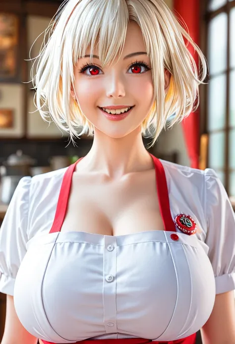 alice, anime art style, 1girl, solo, breasts, looking_at_viewer, smile, short_hair, open_mouth, huge_breasts, red_eyes, hair_between_eyes, upper_body, white_hair, :d, blurry, chef