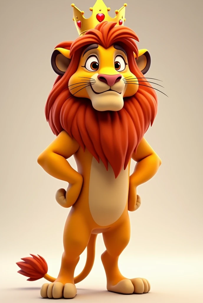 A young lion standing upright on two legs, like a human, with a majestic pose and a golden crown on its head. Its orange mane is thick and voluminous. The lion’s big Disney-style eyes convey kindness and courage. One arm is resting on its hip, while the ot...