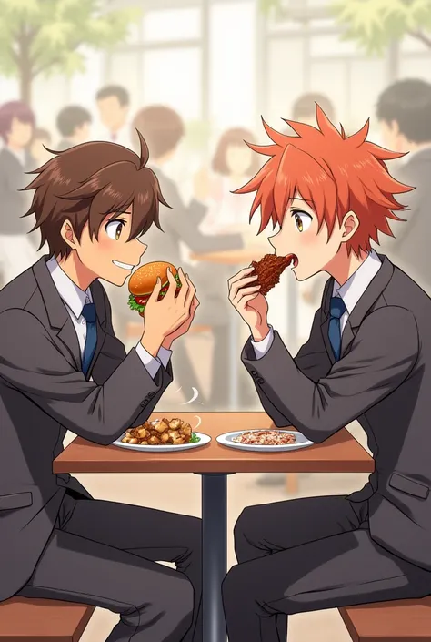 dazai and chuuya in school uniforms while sitting on a chair infront of a table, eating in a cafeteria,dazai holding a hamburger and chuuya eating a barbeque while dazai is smilling while talking to chuuya, dazai (a guy) having brown hair, chuuya (a guy) h...