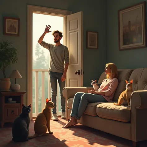 Realistic image of a young man with short dark blond hair, with a thin beard waving goodbye from the door to a pretty blonde woman, with semi-long hair, sitting on a long sofa with 2 cats and 1 rabbit, Hyper realistic image 