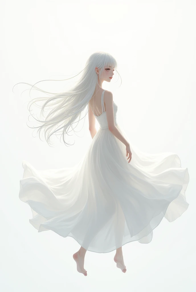 A white-haired, white-skinned anime girl wearing a white dress with long hair floating in a white, empty place 