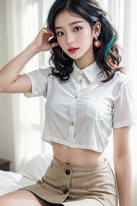 Top quality, RAW Photo, Highest Quality Image, 16K, Full body, Age 22, Realistic, Photorealistic,  Beautiful Asian woman, Sexy, body, White pale skin, ((( Multicolor Hair ))), ((( Short and wavy hairstyle ))), Modern hairstyles, Detailed face, Detailed bod...