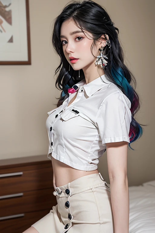 Top quality, RAW Photo, Highest Quality Image, 16K, Full body, Age 22, Realistic, Photorealistic,  Beautiful Asian woman, Sexy, body, White pale skin, ((( Multicolor Hair ))), ((( Short and wavy hairstyle ))), Modern hairstyles, Detailed face, Detailed bod...