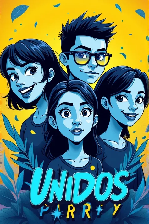 Create an advertising poster that has the colors blue and yellow. It is for a party called Unidos. I also want it to have the faces of five people in the form of a comic sticker in black and white.