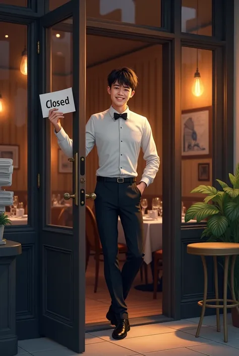 An image of a waiter with a closed sign on the door, something more realistic that looks like putting the sign up 