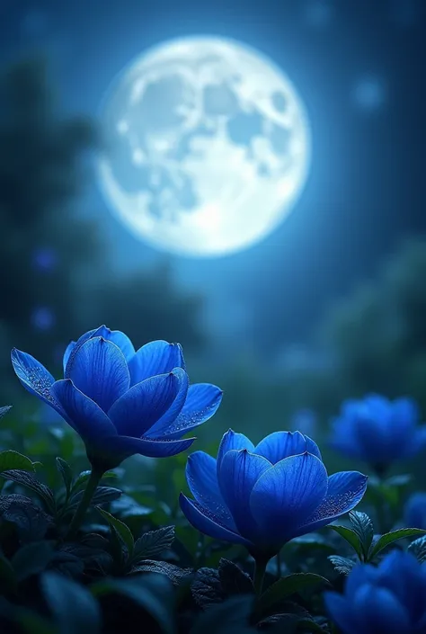 The full moon with blue and black flowers shining on Earth 