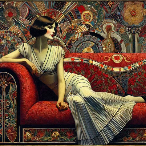 painting of a woman sitting on a red couch with a fan, art deco painting, art deco era), art deco portrait, georgy kurasov, cine...