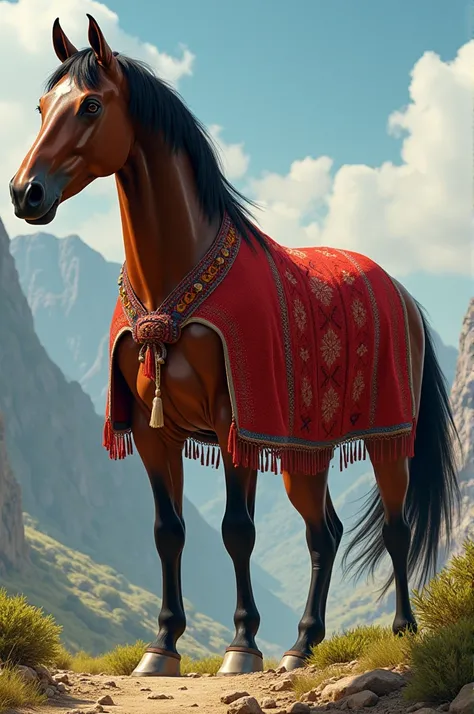 A bay colored horse, related to the Chumbivilcan custom with a red woven poncho