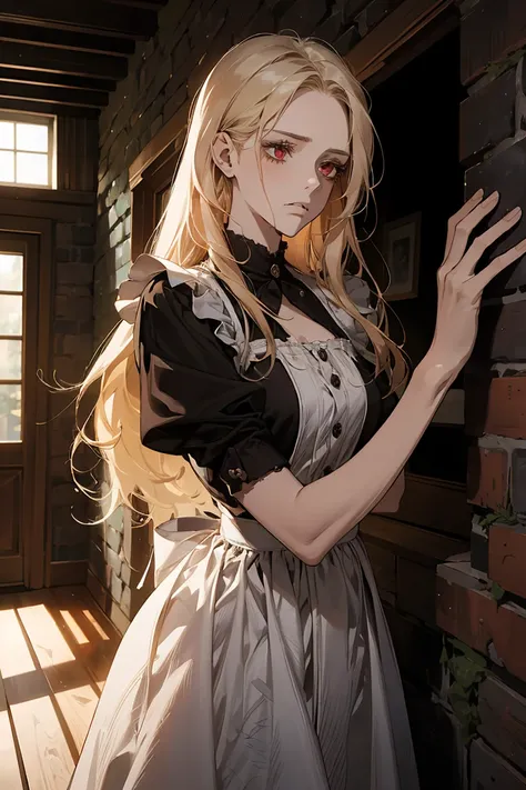 "(masterpiece, high resolution:1.3), Close up, A one blonde-haired woman with long hair and red eyes, sad gently. She is dressed in an old, tattered maid outfit, standing in an ancient, worn-down house. The house features wooden beams and stone walls, dust...