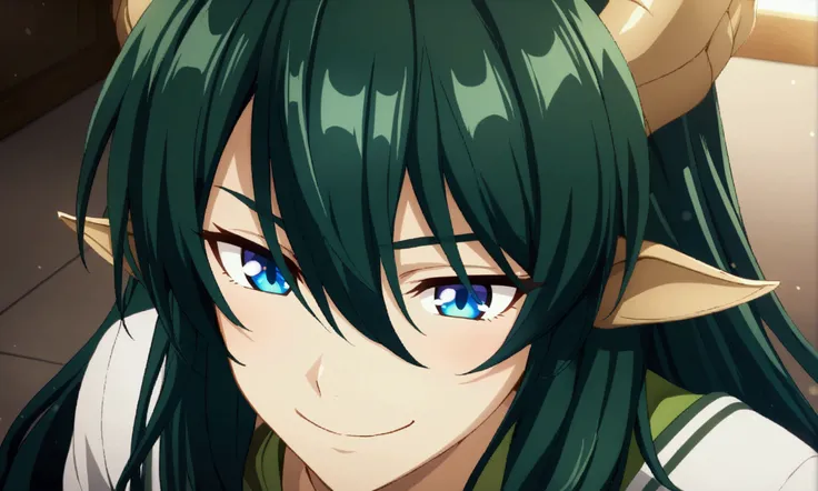 1boy, dark green long hair, hair between eyes, blue eyes, dragon boy, CG, dragon horns, naughty smile