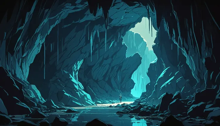 2D, anime, 2D anime illustration, manhwa outline design, dark enclosed cave with glow of blue tints, anime, view inside the cave, a hole entrance exit bright, bright exit area from cave in left area