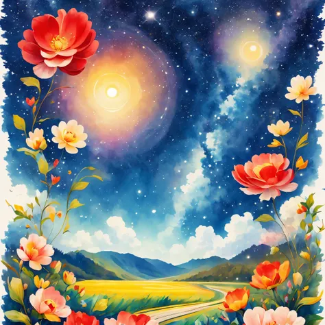 (masterpiece, best quality:1.2), greeting card design，soft space，I love you,Sky，like