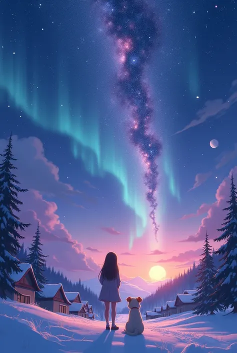 A scene from a movie where a dog and a girl are sitting looking up at the sky. A town at night with falling powder snow. A gentle time. A magnificent landscape of space and starry skies, planets and the moon. The back view, a soft expression. Wrapped in th...