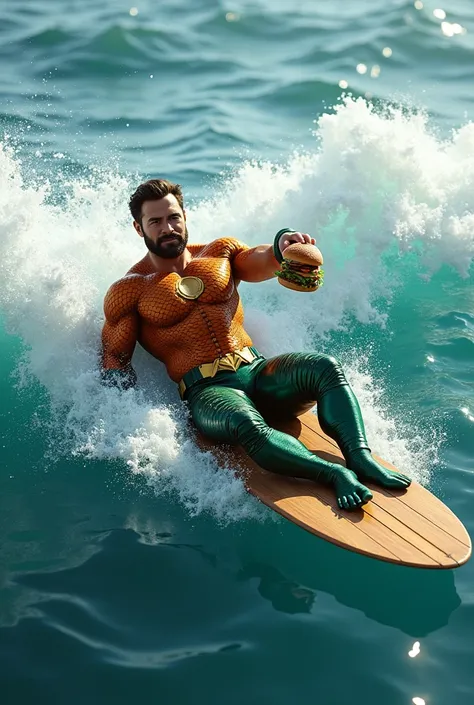 Aquaman rides a wave by laydown by his chestside on the surfboard and holds burger, holding a burger on a wooden surfboard. 