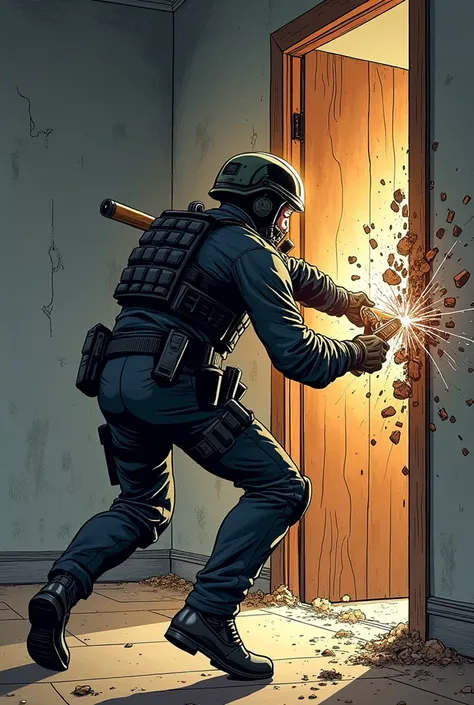 Hand-drawn, comic style, dynamic and action-packed: The scene is viewed from behind, showing a single police officer in tactical gear as he forcefully swings a heavy battering ram against a wooden door. The officer, wearing a helmet with a visor, a protect...