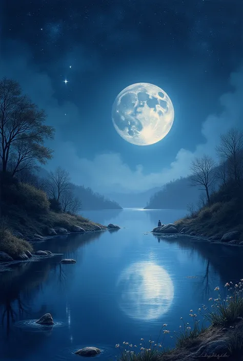 "A peaceful and peaceful night, Bask in a silvery glow. A harmonious scene of the moon delicately reflected on calm water. Twinkling stars dot the dark sky, creating a magical atmosphere. The surrounding nature is shrouded in a light and mysterious mist. L...