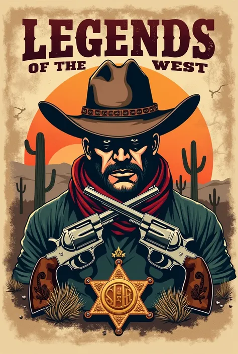 A vector T-shirt design with a bold Western theme. At the center, theres a vintage cowboy hat and crossed revolvers. Surrounding the revolvers are subtle elements like horseshoes and cowboy spurs. In the background, theres a faded desert landscape with cac...