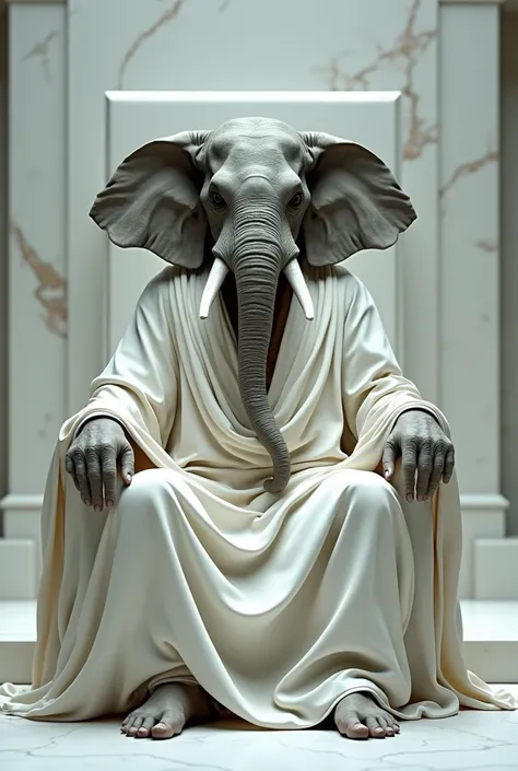 a human, with an elephant&#39;s head and a human&#39;s body, a very old man, with light gray skin, similar to ganesha, but without any jewelry, wearing only a dirty white robe, sitting on a white throne, and with a marble wall behind him. He looks old, tir...