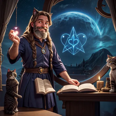 Night sky through the window, bearded middle-aged man, smiling, summer witch frill dress costume, cat ears, long hair  ((Glowing heart symbol))    Use magic Short sleeve Open spellbook Hogwarts School of Witchcraft and Wizardry