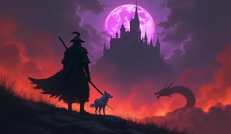 Photo Digital painting with gothic style and dark and moody atmosphere. In the background, there is a large, menacing castle with pointed towers, partially obscured by swirling clouds and fog. a purple moon in the background The layout features the silhoue...