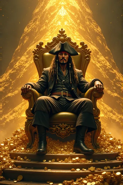 Jack Sparrow on a throne that sits on a mountain of gold