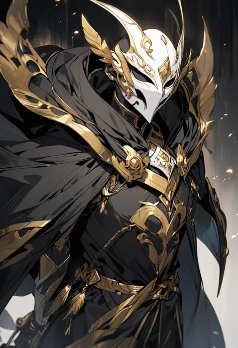 A man in a dark cloak, using a white mask with golden details.