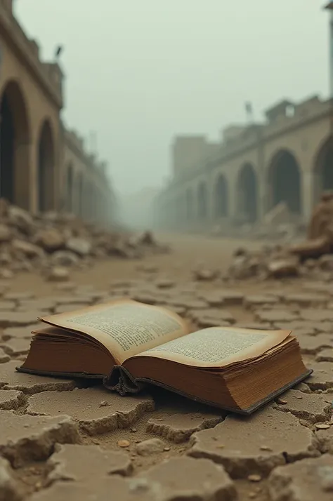 A book in the middle of a post-apocalyptic landscape 