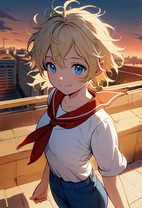 1girl, solo, young, blond hair, short hair, messy hair, blue eyes, smile, white T-shirt, red pioneer neckerchief, blue jeans, half-body, sunset, wind, soviet city, from above 