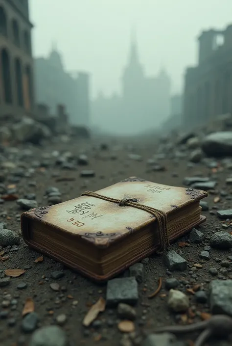 A broken book in the middle of a dead post-apocalyptic landscape 