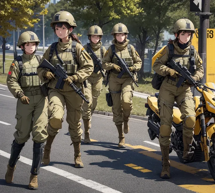 A group of female soldiers all wearing yellow earth-colored uniforms，Wear a helmet、Thermal gloves、Military Pants、Knee pads、Patrolling on the road、Write details、masterpiece、Best quality、Highly detailed CG、8K quality