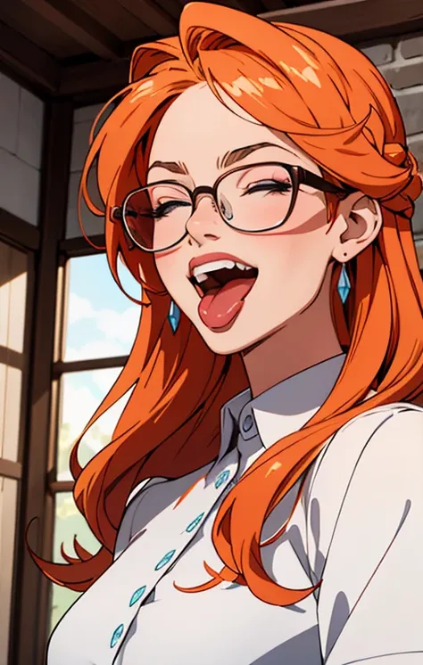 1girl, blue eyes, orange hair, ((glasses)), jewelry, lips, long hair, ring, shirt, solo, white shirt, indoors, wall, open mouth, tongue, tongue out, saliva drip, half-closed eyes, 
masterpiece, best quality,  fellatrix style, bimbo,lips,makeup, anime scree...