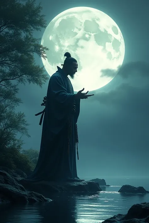 Izanagi purifying himself and washing his left eye on a full moon night