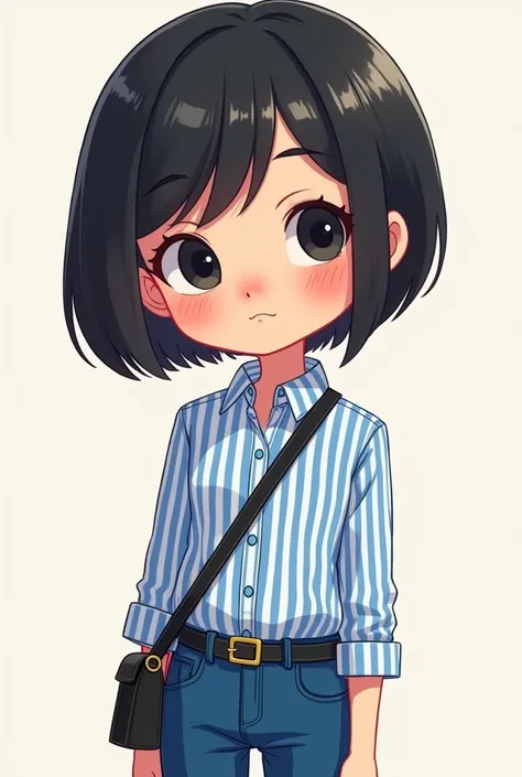 A girl with black short hair and black eyes with a mole on her chin wearing vertically blue and white striped formal shirt and blue jeans wearing a small black sling bag cartoon style 