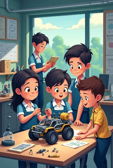 In a A4 size poster , 4 same age cartoon student with uniform making a small robo car for a robo race competition in a mechanical workshop with a teacher  in college  campus
