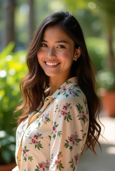 A 2 Brazilian woman, teacher , in an open space, wearing a light patterned dress shirt, showing off your natural charm and outgoing personality.