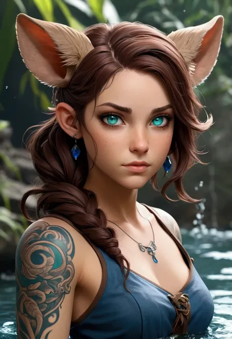 Create a female RPG character, as fantasy, Will have medium hair, brown with blue highlights, blue-green eyes with brown, and it will be from the water, like a navy girl, with ears and water features. Will have Aries tattoos,  and scars on the body