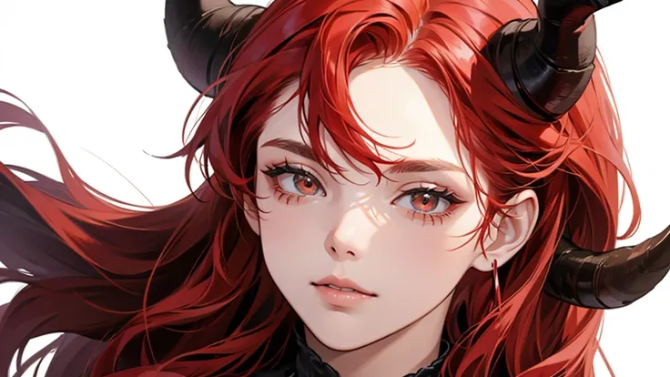 a close up of a person with red hair and horns