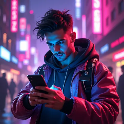 A captivating cyberpunk-inspired poster of a young white man engrossed in playing Free Fire on his phone. The player is dressed in modern, futuristic clothing with neon highlights, displaying a confident and excited expression. The background shows a vibra...